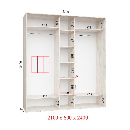 Шкаф-купе 210х45х210 КОМФОРТ - 3 фасады